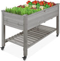Best Choice Products Raised Garden Bed 48x24x32-inch Mobile Elevated Wood Planter w/Lockable Wheels, Storage Shelf, Protective Liner - Gray