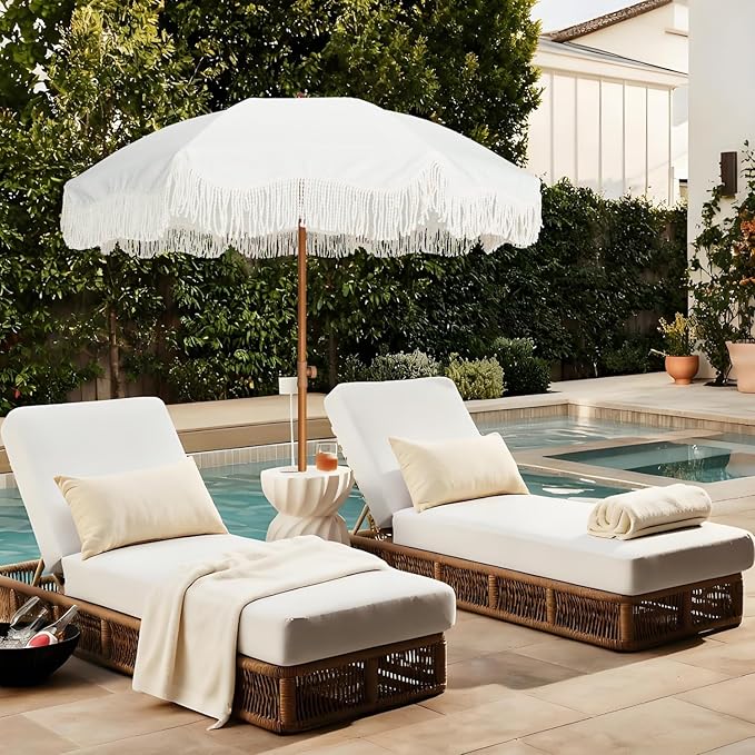 AMMSUN Boho Fringe Umbrella Outdoor Patio, 6.5ft UPF50+ Picnic Umbrella with Tassels with Steel Pole and Push Button Tilt, Antique White