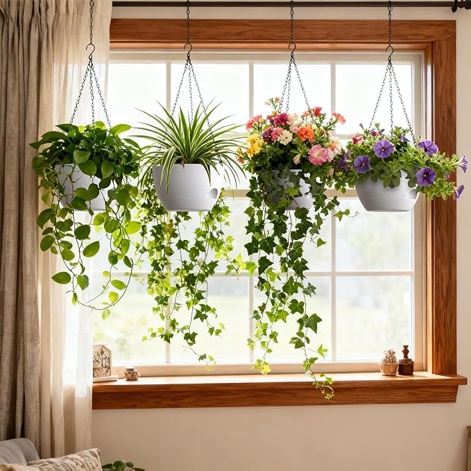 4 Pack 8 Inch Self Watering Hanging Planters for Indoor Outdoor Plants，Hanging Pots for Plants with Drainage Removable Tray, Hanging Baskets Flower Pots for Ivy Pothos Spider Garden Porch White