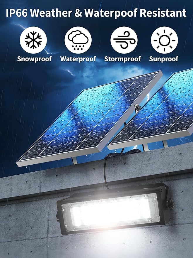 WERISE Solar Flood Lights Outdoor Waterproof IP66, 3600 Lumen 6500K LED Floodlight with 16.4ft Wire, 30000mAh Battery Dusk to Dawn Solar Powered Security Light with Remote Control for Shed Garage Barn