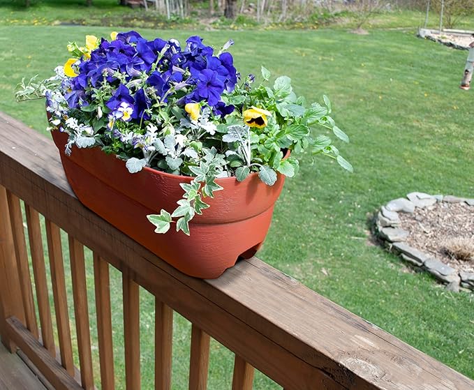 EMSCO Group Bloomers Railing Planter with Drainage Holes – 24" Weatherproof Resin Planter – Terracotta