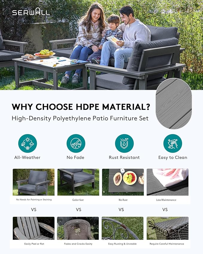 SERWALL HDPE Patio Conversation Set, 6-piece Sectional Outdoor Furniture Set, All Weather Outdoor Couch Set Patio Furniture Set for Deck, Lawn, Blue Frame with Grey Cushion