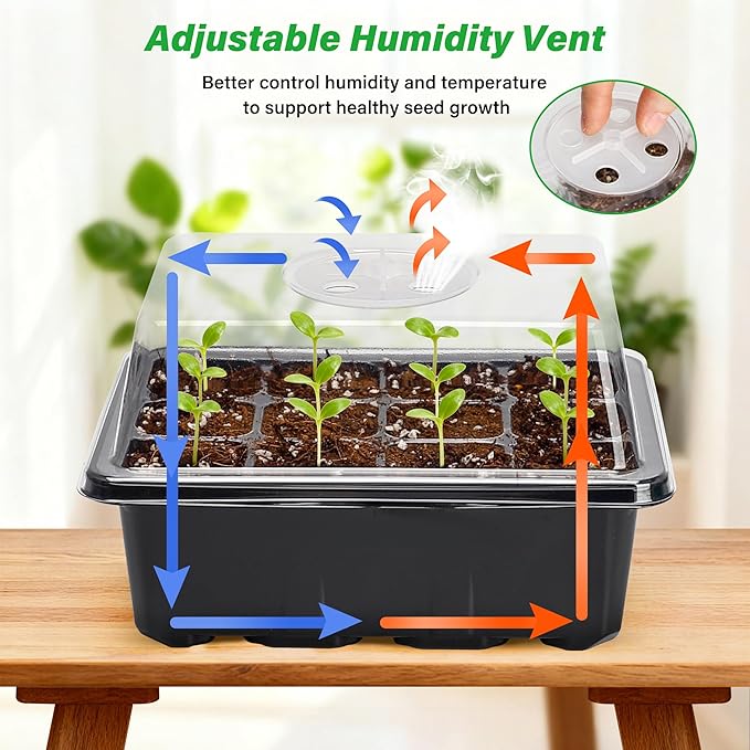 Bonviee 5-Pack Seed Starter Tray Seedling Kits,Plant Starter Kit with Adjustable Humidity Dome and Base Indoor Greenhouse Mini Propagator for Seeds Growing Starting (12 Cells per Tray,Black)