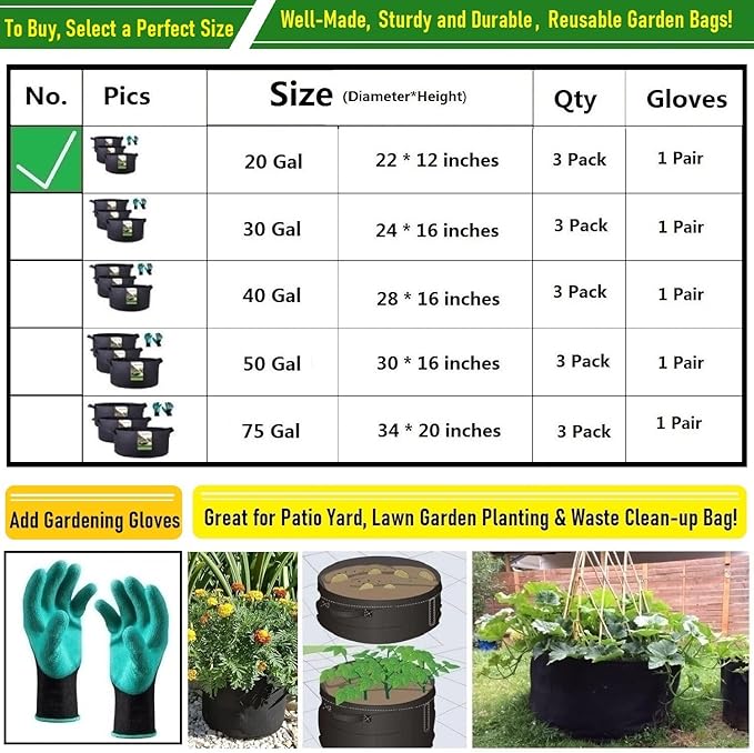 3-Pack 20 Gallon Thickened Plant Grow Bags Large (22x12 in) Heavy Duty Fabric Plant Pots Garden Bag for Tomato,Potato Planter,Flower Pots,Herbs Veggies Planting,Barrel Planter,Leaf Bag,Yard Waste Bags