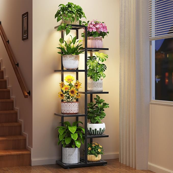 LASZOLA 6 Tier Plant Stand Indoors Outdoors with Light for Large Heavy Duty Planter, Black Metal Tall Flower Holder Rack for Modern House Corner, Vertical Iron Organizer with Multiple Rustic Shelf