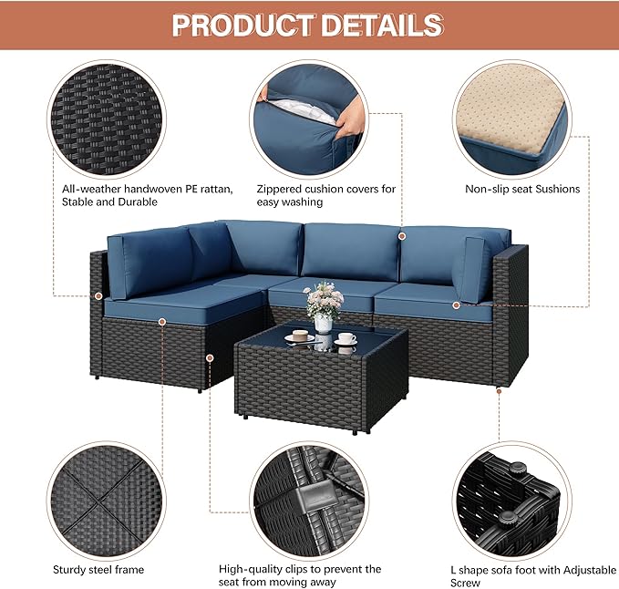 JAMFLY Patio Furniture Sets, 5-Piece Outdoor Patio Furniture with Thick Cushions, Wicker Outdoor Conversation Set Sectional Sofa for Backyard, Poolside, Garden, Aegean Blue