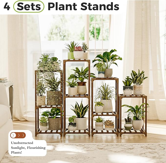 Bamworld Plant Stands Indoor 4 Sets Plant Shelves Outdoor Wooden Plant Holder for Multiple Plants Flower Stands Window