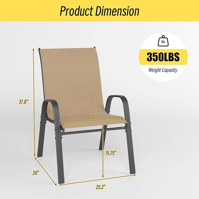 Betterhood Patio Chairs Set of 2, Stackable Outdoor Dining Chairs Set with Breathable Seat Fabric, All-Weather Powder-Coated Metal Frame for Deck, Pool Side and Backyard, 350LBS Capacity (Khaki)