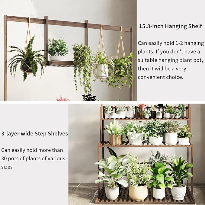 COPREE Bamboo 3-tier Hanging Plant Stand Ladder Planter Shelves Flower Pot Organizer Rack Display Shelving Plants Shelf Unit Holder