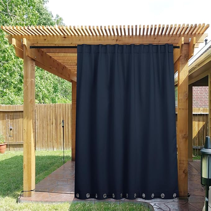 NICETOWN 2 Panels Weighted Blackout Outdoor Curtains for Patio Waterproof, Top & Bottom Grommet & Back Tab Fixed Outdoor Curtains Windproof & Thermal Insulated for Porch, Navy Blue, W84 x L108
