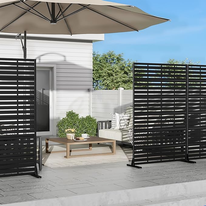 Casaphoria Metal Privacy Screen Outdoor, 72" H x 47" W Freestanding Decorative Privacy Screen for Patio Deck Balcony Garden with Stable Base, Black Adrian