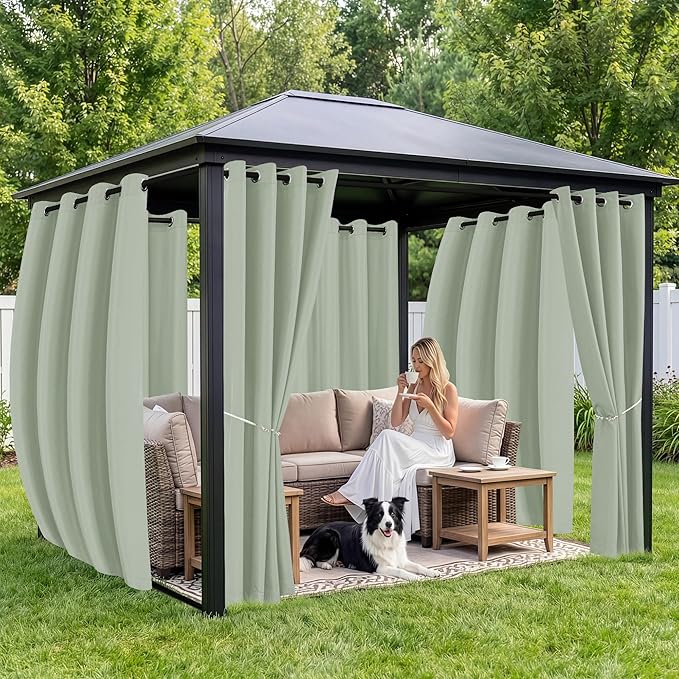 Outdoor Curtains for Patio Waterproof 6 Panels - Windproof, Privacy, Weatherproof Outside Drapes for Gazebo Pergola Porch, Grommet Top and Tab Bottom, 54x108 Inch, Sage Green