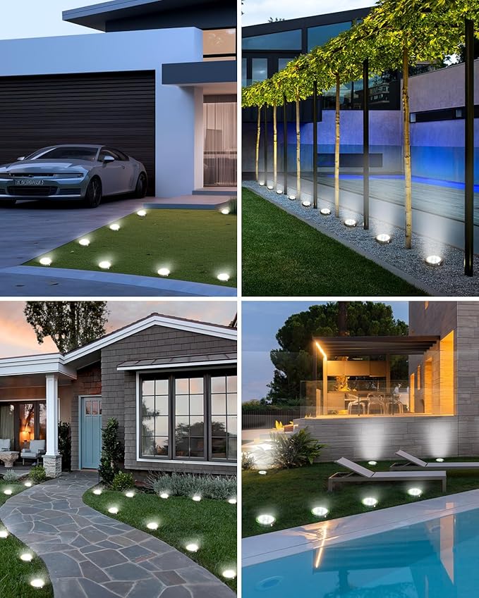 btfarm 24 Pack Solar Lights Outdoor, 8 LED Solar Ground Lights IP65 Waterproof Flat Solar Disc Light, Pathway Lights for Garden Lawn Patio Yard Path Landscape, Cool White
