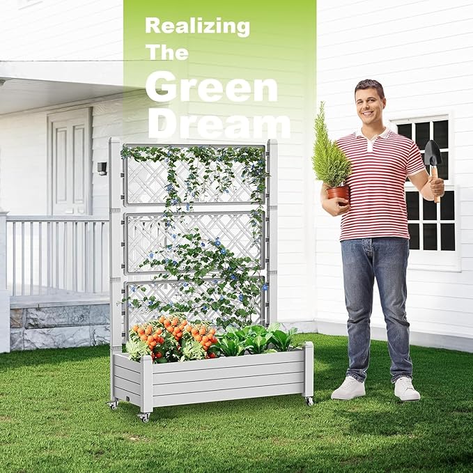 Raised Garden Bed with Trellis, 21 Gallon Self Watering Planter Box with Lockable Wheels & Drainage Holes for Climbing Plants Vegetables Flowers, Anti-Rust Resin for Backyard Patio (Ashen)