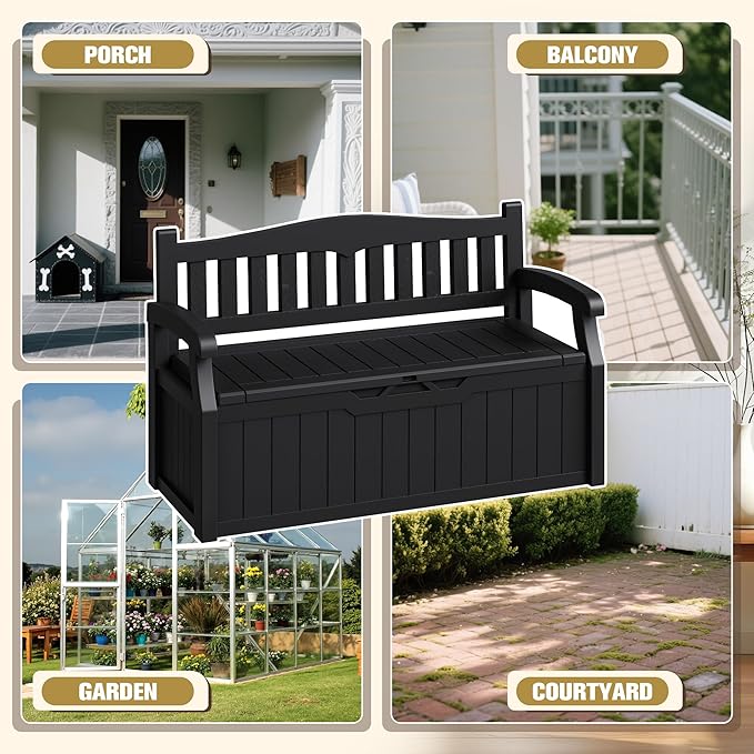 80-Gallon Outdoor Storage Bench, Waterproof Deck Box with Lockable Lid, Dark Black
