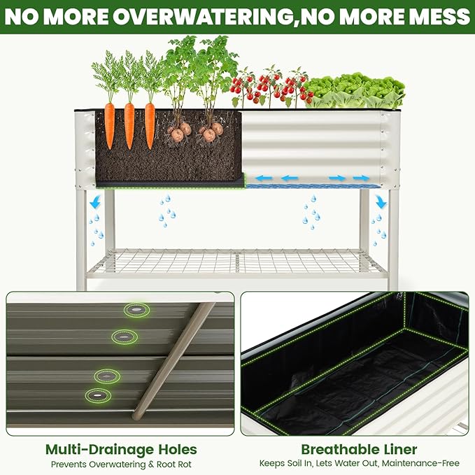 Elevated Raised Garden Bed 2' x 4'- Galvanized Metal Planter Boxes with Legs & Storage Rack, Outdoor Planters for Backyard/Patio/Balcony, with Drainage Holes for Vegetables, Flowers, Herbs, White