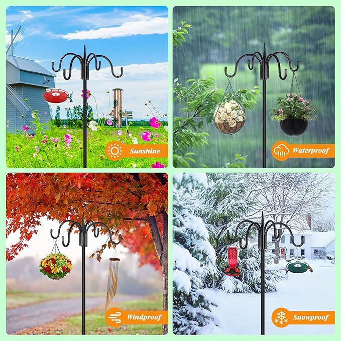 FEED GARDEN 4-Hook Squirrel-Proof Bird Feeder Pole - 92" Heavy-Duty Shepherd's Hook with 5-Prong Base & 19" Baffle for Multiple Feeders & Plants
