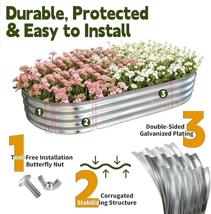 Galvanized Raised Garden Bed Outdoor, Large Raised Bed for Gardening, 6x3x1ft Oval Metal Planter Box for Vegetables, Fruits, Flowers, Silver