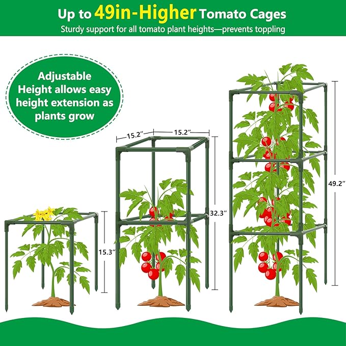 6 Pack Square Tomato Cages, 49.2" Large Upgraded Heavy Duty Steel Tomato Trellis Stakes, Garden Plant Support Cages Kit for Raised Garden Bed, Cucumber Trellis Vegetables and Climbing Plants