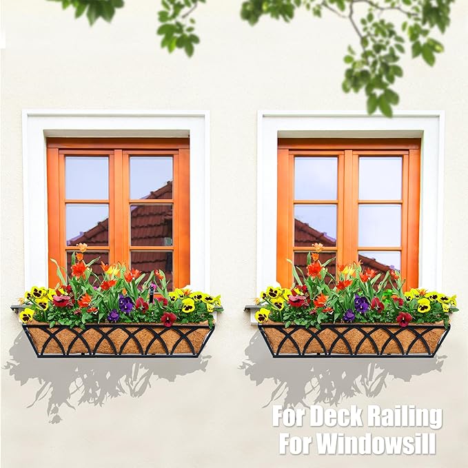 6pcs 24 Inch Window Deck with Coco Liner, 24" Window Boxes Horse Trough with Coconut Coir Liner, Metal Hanging Flower Planter Window Basket Deck Railing Planter Boxes for Outdoor Indoor Lawn