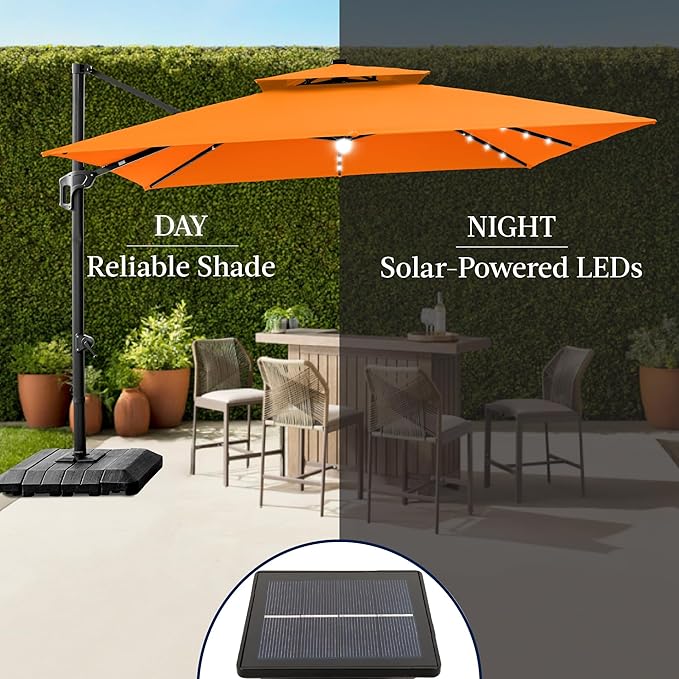 Best Choice Products 12x12ft LED Cantilever Patio Umbrella w/Base Included & 360° Rotation, Large Solar Offset Hanging Outdoor Sun Shade for Deck, Backyard Table w/Stand & Lights – Orange