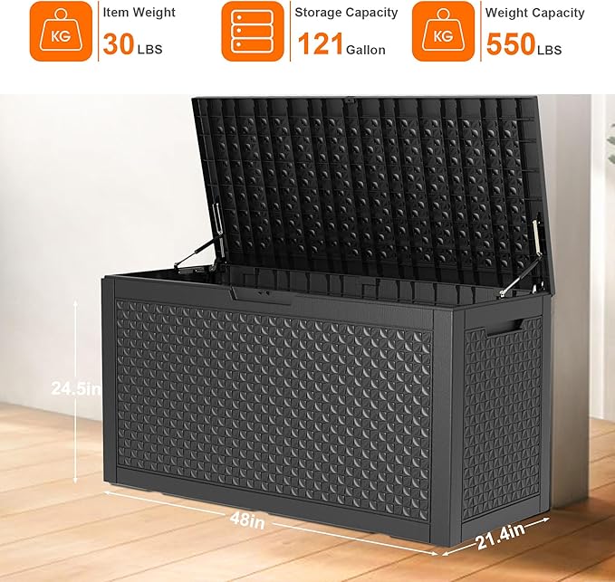 121 Gallon Waterproof Outdoor Storage Box,Resin Deck Box,Lockable Outside Storage Box Container for Patio Furniure,Garden,Pool Tools (121 Gallon,Black)