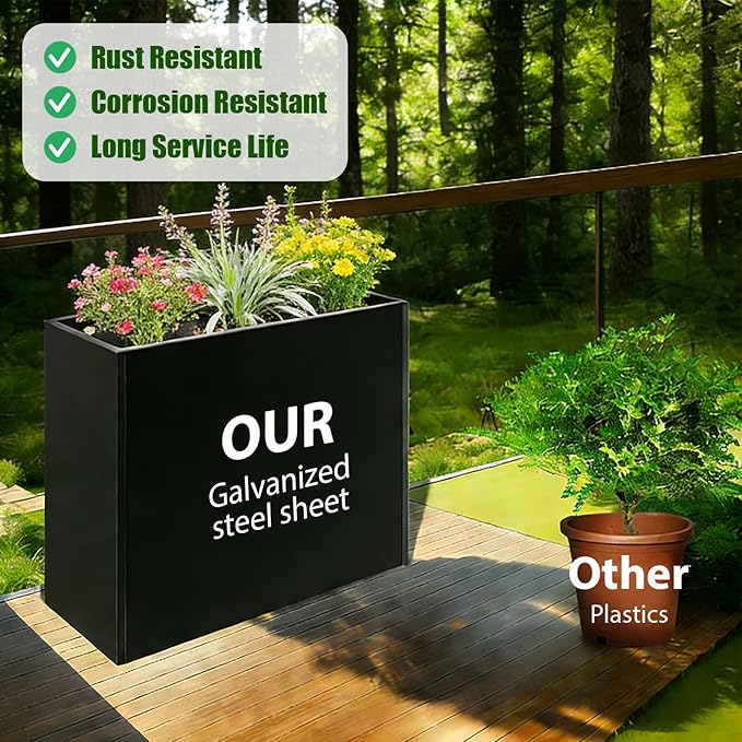 Metal Rectangular Planter, Metal Planter Box, 38" L x 13" W x 30" H Large Heavy Duty Tall Black Planter Box with Drainage Holes and Adjustable Balancing Feet Ideal for Porch, Garden, Patio, Yard