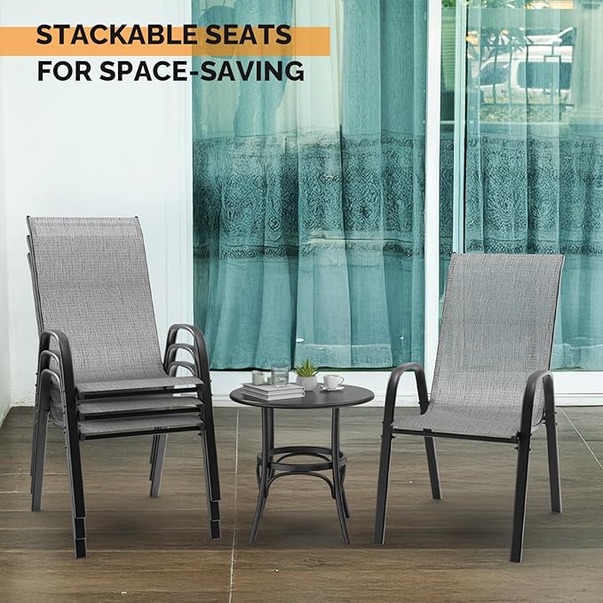 VINGLI Set of 2 Stackable Outdoor Bar Stools – Sling Chairs with High Back & Armrests, for Lawn, Garden, Bar, Grey