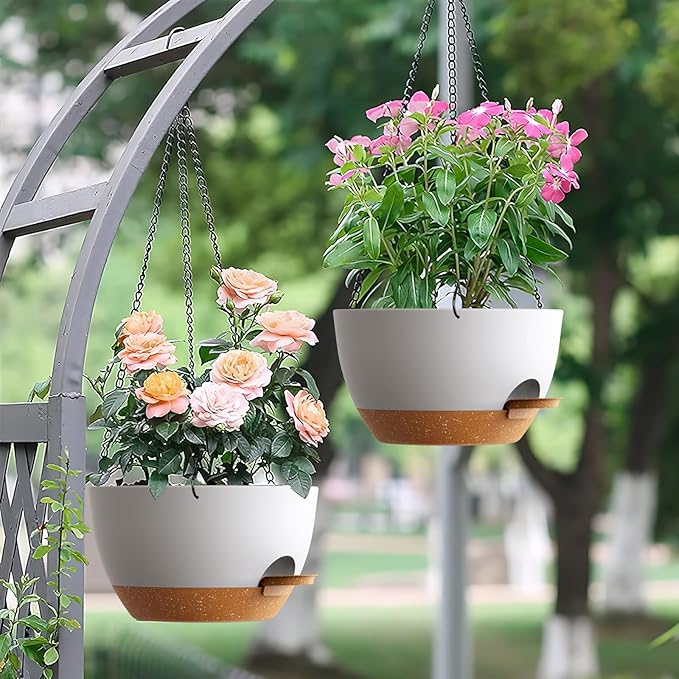 Set of 3-10 Inch Self Watering Hanging Planters for Indoor Outdoor，Hanging Plant Pots with Drainage & Removable Tray, Hanging Pots Holder for Pothos Plant, Ferns, Balcony & Patio,White with Brown