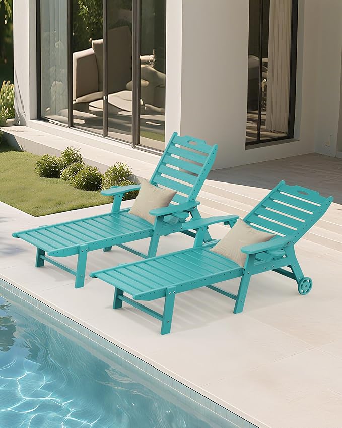 Carauci Lounge Chair Outdoor Set of 2, HDPE Chaise Lounge with Wheels, 5-Position Adjustable Backrest & 2 Cup Holders Patio Lounge Chair, All-Weather Pool Sun Lounger for Poolside, Backyard, Lake Blue