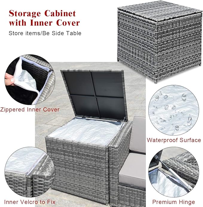 Tangkula 8 Pieces Wicker Patio Furniture Set with Storage Deck Box, PE Rattan Outdoor Sectional Sofa Conversation Set with Coffee Table & Cushions, Outside Furniture for Garden Yard Poolside (Red)