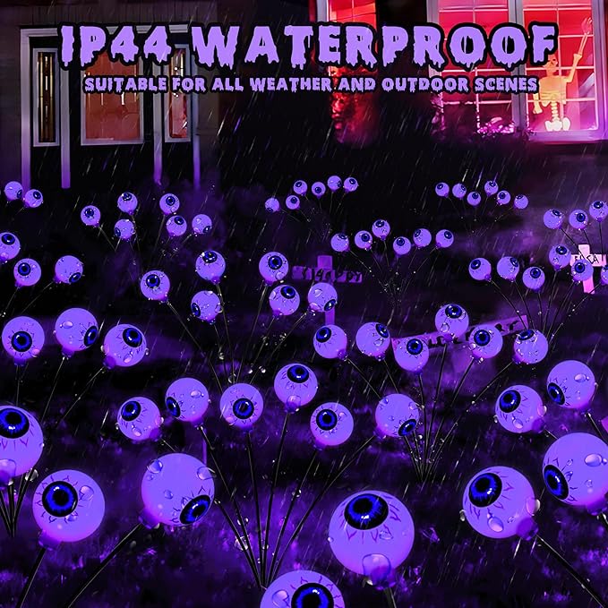 BrizLabs Halloween Eyeball Lights, 2 Pack 12 LED Solar Halloween Lights, 2 Modes Outdoor Spooky Walkway Light, Purple Swinging Firefly Light, Outside Purple Pathway Lighting for Yard Garden Lawn Party