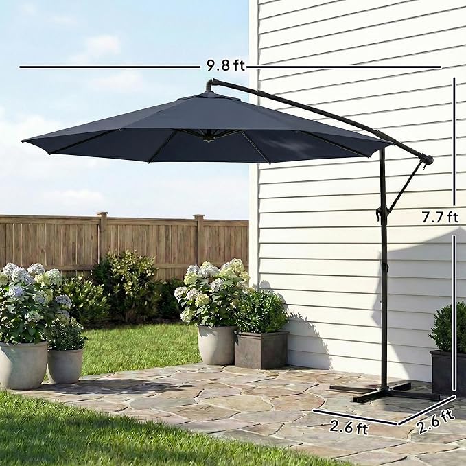 Outsunny 10 ft Offset Patio Umbrella with Cover, Round Hanging Cantilever Umbrella with 6-Position 360° Rotation, Crank Handle, Tilt, Cross Base, Heavy Duty Outdoor Umbrella for Garden