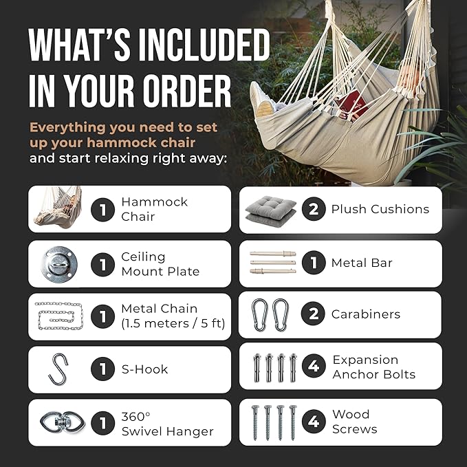 Hanging Hammock Chair Swing – Hanging Chair Outdoor & Indoor - Hammock Swing Chair – Quick & Easy Setup with Hardware Kit – Durable & Spacious Full Body Support with 2 Plush Cushions – Holds 440 Lbs
