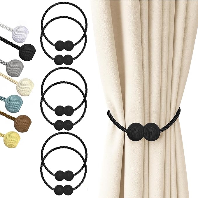 Hion Magnetic Curtain Tiebacks Black 6 Pack, Curtain Tiebacks Buckles Holdbacks Holders Hooks Clip for Home Bedroom Office Decorative Thick or Thin Curtain