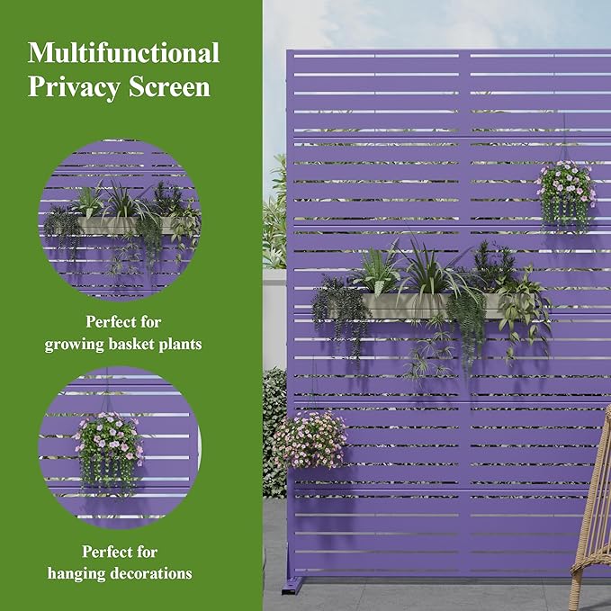 Casaphoria Metal Privacy Screen Outdoor, 72" H x 47" W Freestanding Decorative Privacy Screen for Patio Deck Balcony Garden with Stable Base, Dark Purple-Louvered