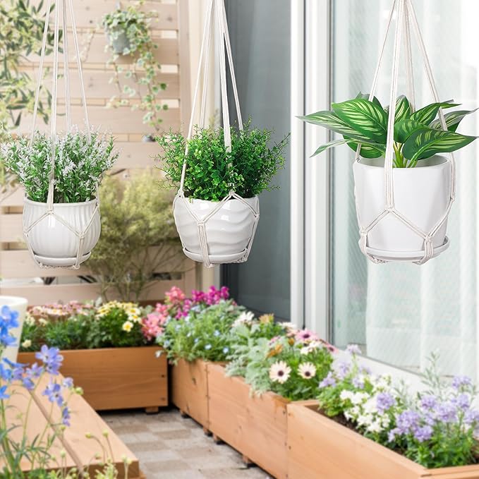 YIBOT 3 Pack Macrame Plant Hanger Indoor Hanging Planter for Plants Holder with 3 Hooks, 35"/29"/23" Size No Tassels for Boho Home Decor, Ivory (POTS NOT Included)