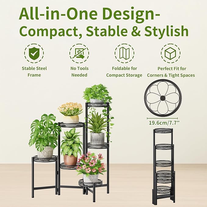 6 Tier Large Plant Stand Indoor with 7.9-Inch Wide Drainage Tray, Tiered Corner Metal Outdoor Flower Display Holder Shelf, Folding Tall Rack for House Patio Porch Balcony Graden - BlackFlower