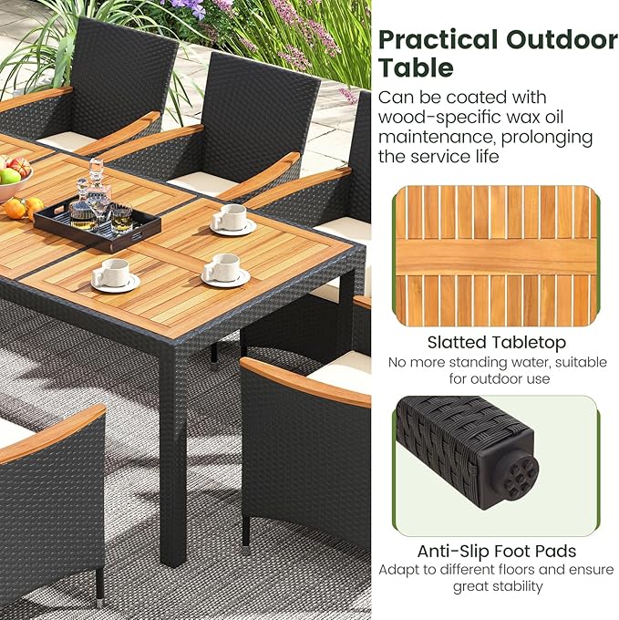 Tangkula 9 Pieces Rattan Outdoor Dining Set for 8, Outdoor Acacia Wood Table Set with 8 Cushioned Wicker Chairs, Umbrella Hole, Patio Dining Furniture Set for Deck Pool Backyard