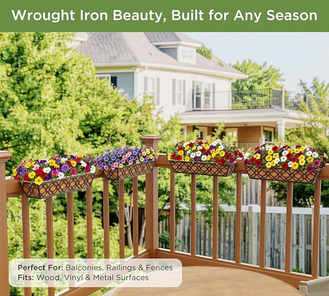HFHOME 24 Inch Window Deck with Coco Liner, 24" Window Boxes Horse Trough with Coconut Coir Liner, Black Metal Hanging Flower Planter Basket Railing Planter for Outdoor Indoor Lawn - 2 Pack