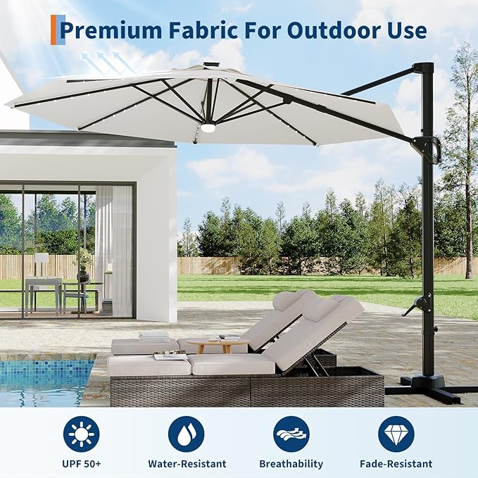 Garvee 10 ft Cantilever Patio Umbrella with Solar Lights, 360° Rotation Offset Umbrella, Easy Crank & Tilt Adjustment, UV Protection for Backyard, Poolside, Deck -Beige