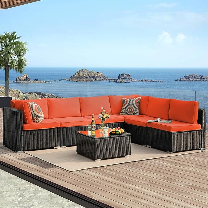 7-Piece Patio Furniture Set - Outdoor Sectional Sofa Set with Cushions and Glass-Top Coffee Table for Gardens, Poolside, Backyards and Porches, Black/Orange