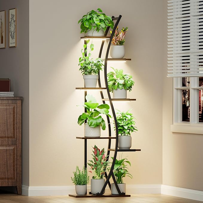 62“ Plant Stand Indoor with Grow Lights - 7 Tiered Tall Metal Plant Shelf - Corner Wooden Plant Stand for Indoor Plants Multiple, Large S-Shape Flower Rack Holder for Living Room, Garden, Patio Decor