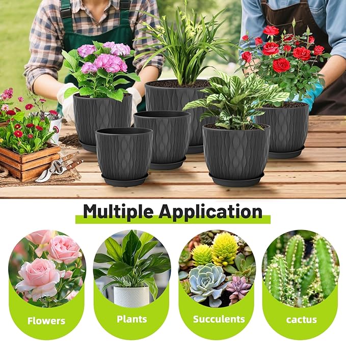 Plastic Plant Pots 10/9/8/7.5/7 inch Set of 5, Flower Planters with Drainage Holes and Saucers, Plastic Pots for Indoor Outdoor Plants, Livingroom Garden Decor (Black)