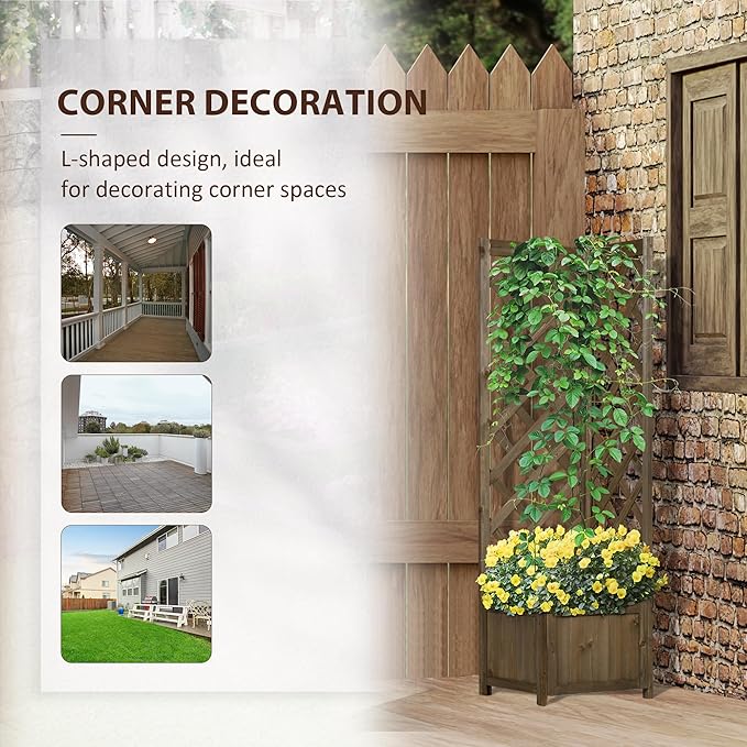 Outsunny Wooden Raised Garden Bed with Trellis, 57" Freestanding Corner Planter Box for Vine Plants Flowers Climbing and Planting Carbonized