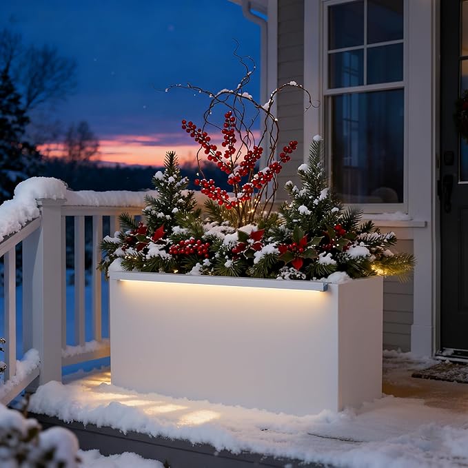 GSK 30" L White LED Metal Planter with Light Outdoor Illuminate Magnetic 3000K Lighting Strips Rectangular Flower Box Rectangle Trough Drainage Holes Indoor Patio Balcony Garden
