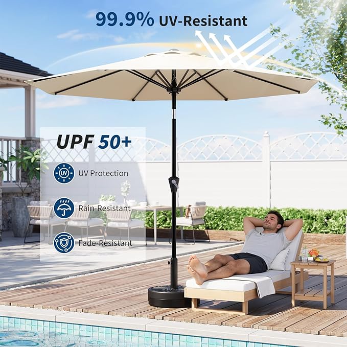 Garvee 10FT Patio Umbrella - Outdoor Table Umbrella with Smooth Crank Lift, Push Button Tilt and 8 Sturdy Ribs - Market Umbrella UV Protection Waterproof for Pool, Deck, Yard, Garden (Beige)