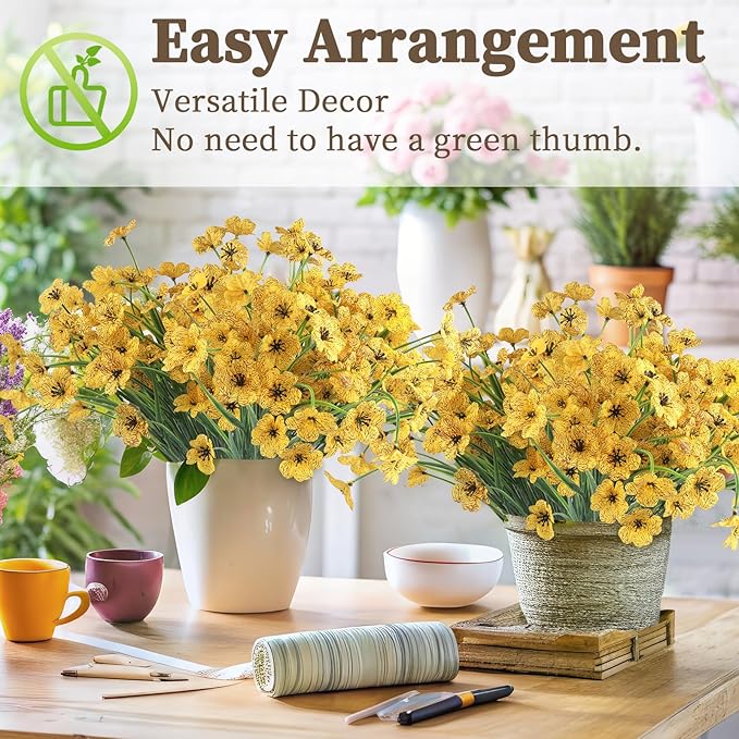 24 Yellow Bundles Artificial Flowers for Outdoors/Indoors Fake Flowers Plants for Indoor Outside Garden Porch Window Box Home Wedding Farmhouse