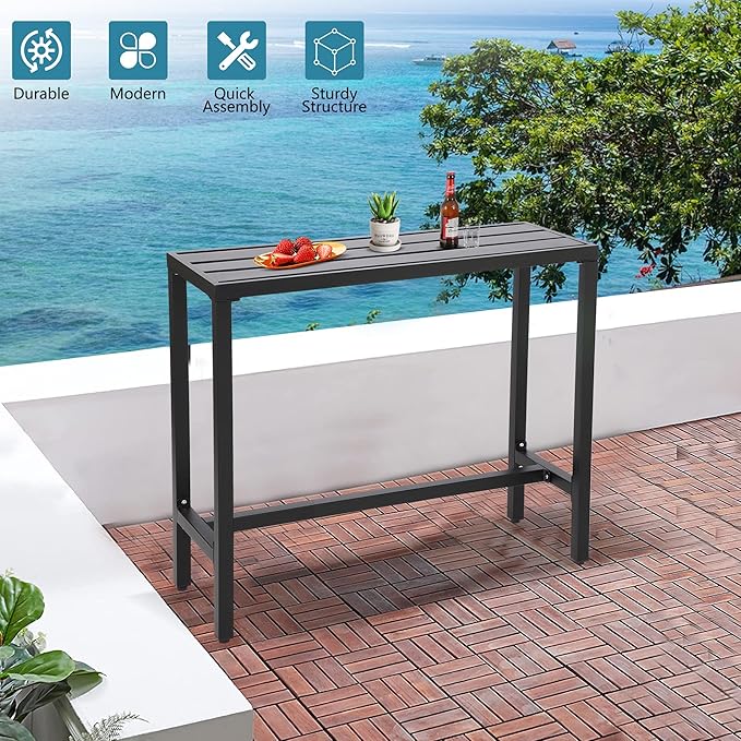 Outdoor Bar Table, Patio Console Pub Height Tables with Powder Coated Steel Frame, Weather Resistant Waterproof Top for Hot Tub, Balcony, Garden, Yard, Poolside (Black, 47" Narrow Bar Table)
