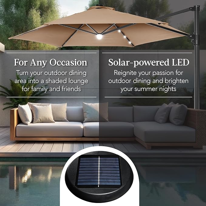 Best Choice Products 10ft Solar LED Offset Cantilever Hanging Market Patio Umbrella, Smooth 360° Rotation, 8 Sturdy Ribs, Easy Adjustment - Tan